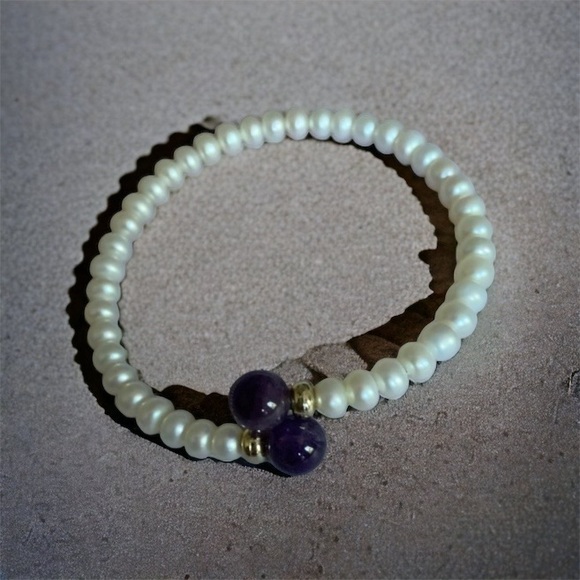 Amethyst Stone & Pearl Beaded Wrapped Wire Bracelet Woman’s Bracelet Jewelry - Picture 3 of 8